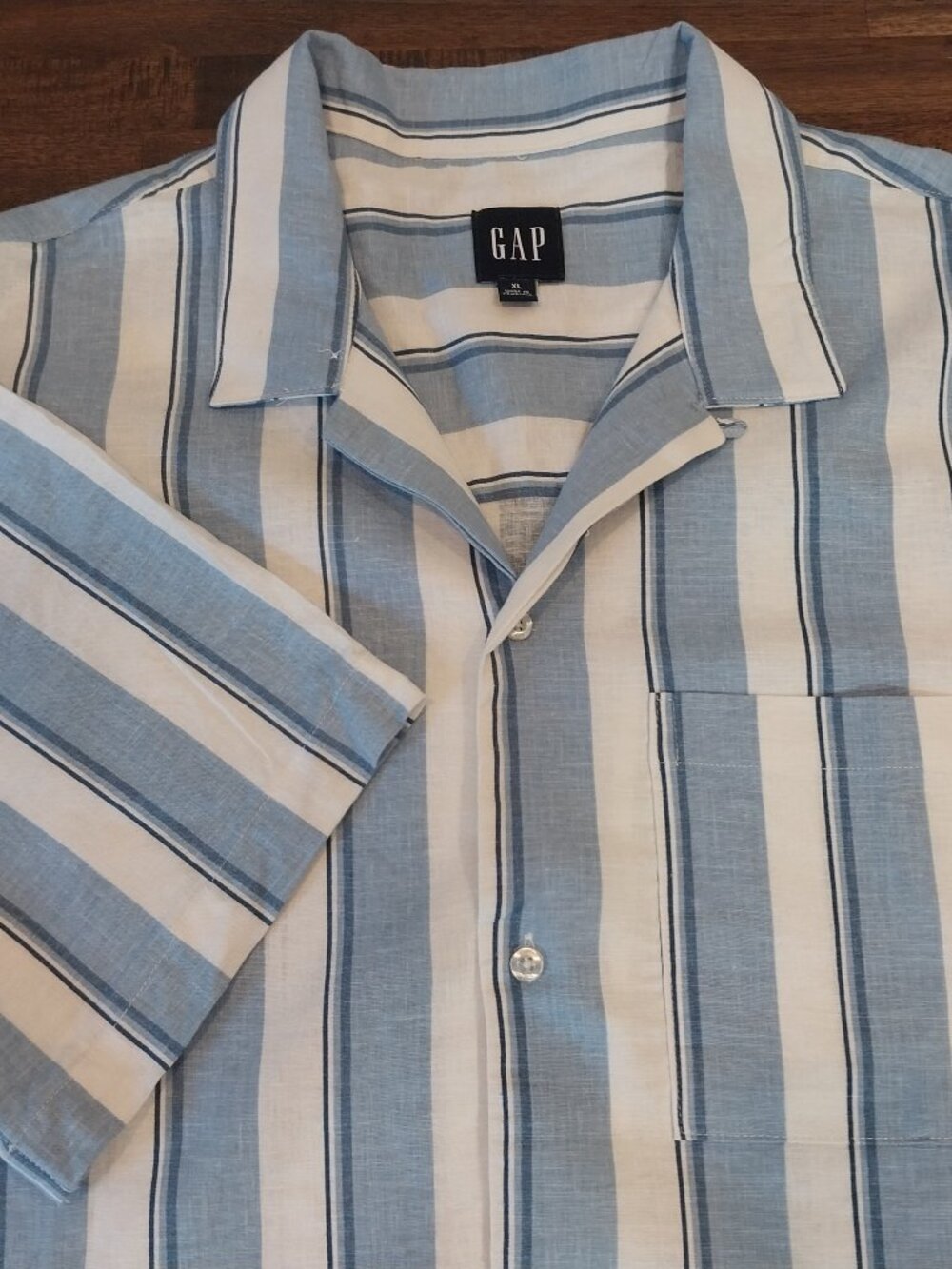 Gap Linen Blend Button Up Shirt Mens XL Blue White Striped Camp Collar Short Slv